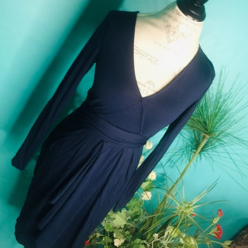 Mama Licious Maternity S Navy Blue Faux Wrap Dress Long Sleeve V Neck